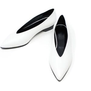 Alumnae white cream low heel v line pointy toe slip on mule heels pumps 40/9